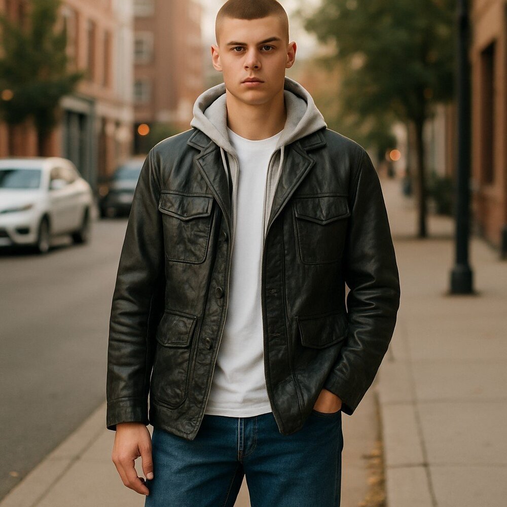 POLITIX MENS BLACK LEATHER JACKET WITH REMOVABLE HOOD SIZE L